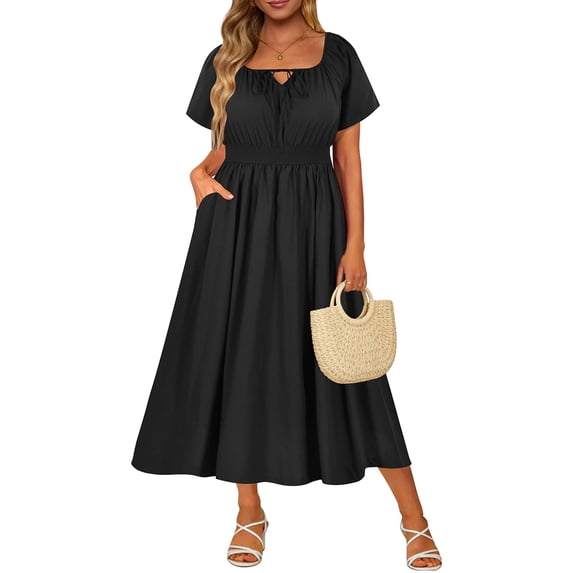 CASSIE LIZ Plus Size Dresses 4X Summer Midi Womens Solid Black Cotton Dresses Short Sleeve Scoop Neck Loose Fit Sun Dresses with Pocket 4XL 24W 26W