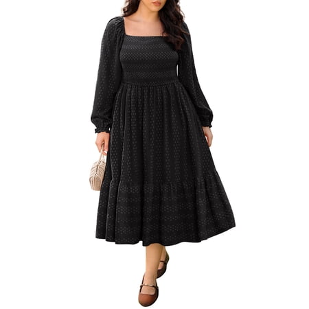 CASSIE LIZ Plus Size Dresses 5X Square Neck Fall Dress Long Sleeve Black Smocked Swiss Dot Winter Maxi Dress Wedding Guest Derss with Pockets 5XL 26W 28W