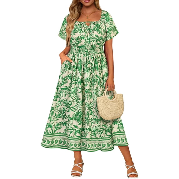 CASSIE LIZ Plus Size Dresses 5X Summer Midi Womens Tropical Green Short Sleeve Scoop Neck Loose Fit Sun Dresses with Pocket 5XL 26W 28W