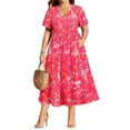 thumbnail image 1 of CASSIE LIZ Plus Size Dresses for Curvy Women Summer V Neck Short Sleeve Floral Pink Maxi Dress with Smocked Waist and Pockets Party Wedding Guest Dress (XL-5XL), 1 of 8