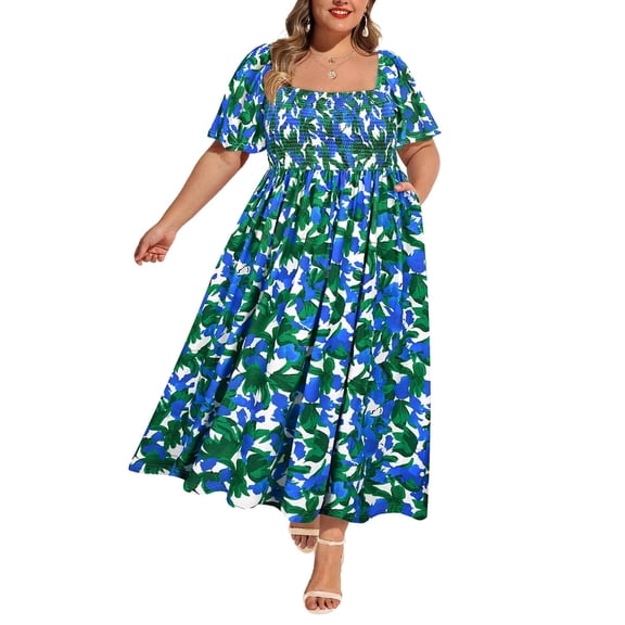 CASSIE LIZ Plus Size Dresses Square Neck Floral Print Green Smocked Maxi Dress Spring Summer Dress with Pockets Party Wedding Guest Dress XL 14W 16W