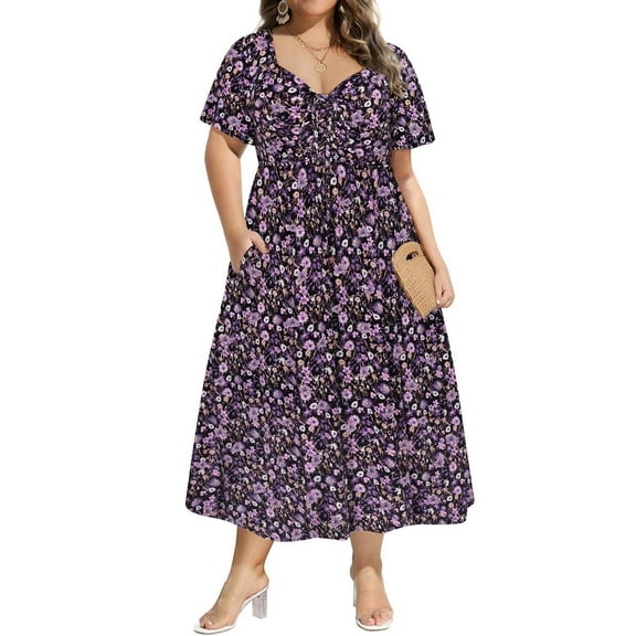 CASSIE LIZ Plus Size Dresses 3X Black Purple Floral Fall Dresses for Women Fashion Midi Sundresses Short Sleeve Tie Sweetheart V Neck Dresses Loose Fit Summer Dress With Pocket 3XL 22W 24W