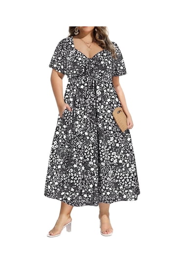 3 4 sleeve knee length black dress THE EMMY LOU DRESS IN BLACK FLORAL BY PINK DESERT – Pink Desert main image 1