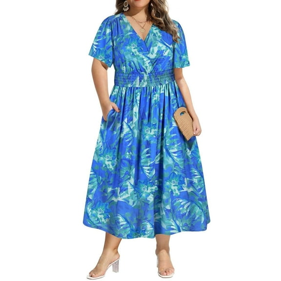 CASSIE LIZ Plus Size Dresses 3X Blue Tie Dye Fall Dresses for Women Fashion Midi Sundresses Short Sleeve V Neck Dresses Loose Fit Summer Dress With Pocket 3XL 22W 24W
