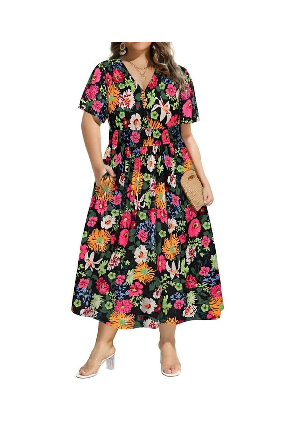 Plus Size Dresses 3X Colorful Floral Fall Dresses for Women Fashion Midi Sundresses Short Sleeve V Neck Dresses Loose Fit Summer Dress With Pocket 3XL 22W 24W