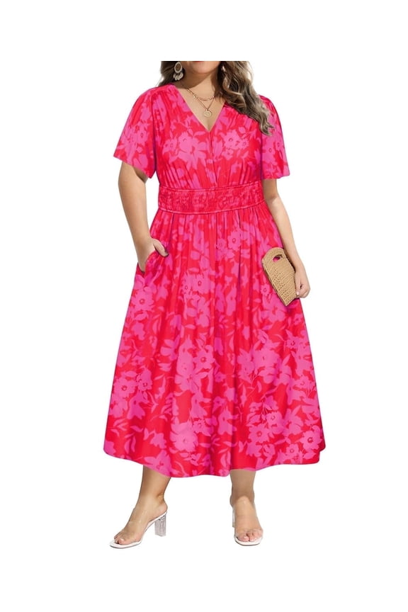 Plus Size Dresses 3X Summer Midi Womens Sun Dresses Hot Pink Floral Boho Beach Short Sleeve V Neck Loose Fit Spring Party Dresses with Pocket 3XL 22W 24W