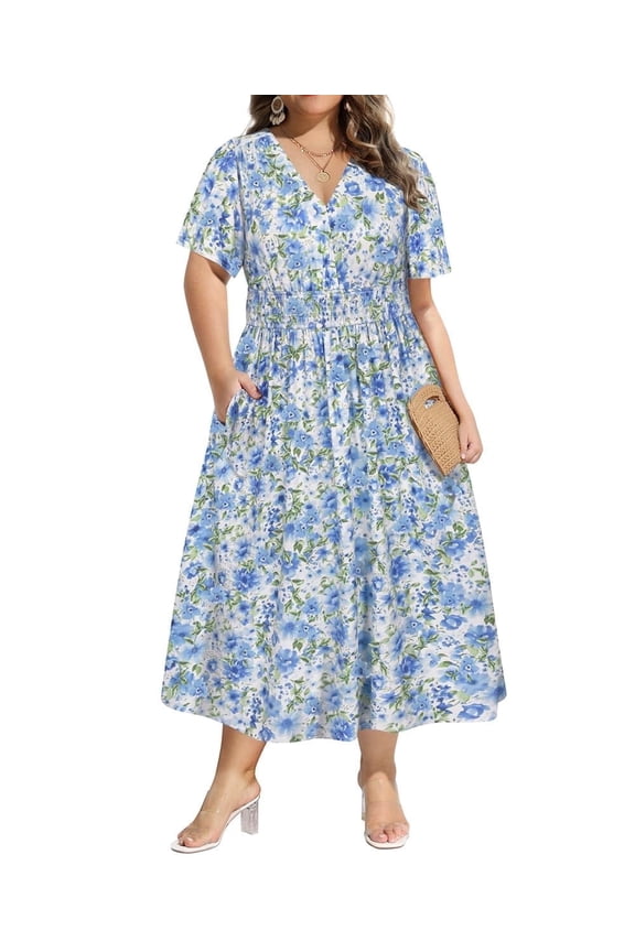 Plus Size Dresses 3X Summer Midi Womens Sun Dresses White Blue Floral Boho Beach Short Sleeve V Neck Loose Fit Easter Spring Party Dresses with Pocket 3XL 22W 24W