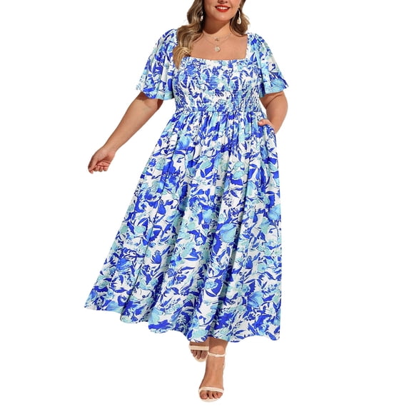 CASSIE LIZ Plus Size Dresses Womens 4X Square Neck Floral Print Short Sleeve Maxi Dress Summer Spring Derss with Pocket Party Wedding Guest Dress 4XL 24W 26W