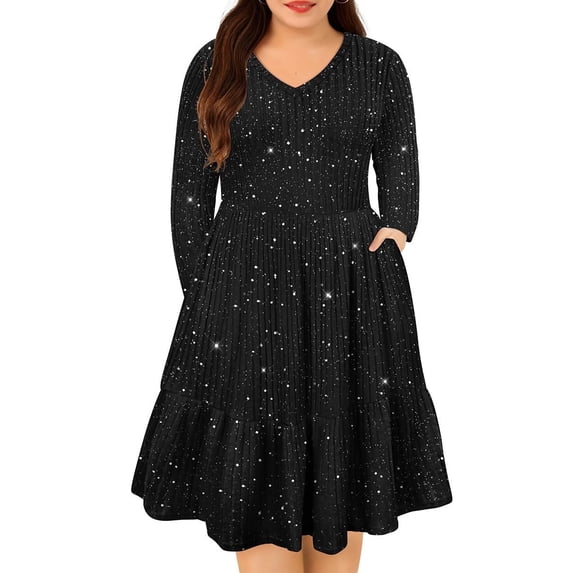 CASSIE LIZ Plus Size Fall Dresses 4X Casual Black Glitter Sweater Dresses for Women Fashion Midi Elastic Waist Long Sleeve Party Sequin Elegant V Neck Loose Fit Winter Dress with Pocket 4XL 24W 26W