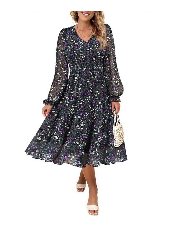 Plus Size Dresses 4X for Women Navy Blue Floral Long Sleeve Dress V Neck Smocked Waist Tiered A Line Midi Dress with Pockets Size 4XL