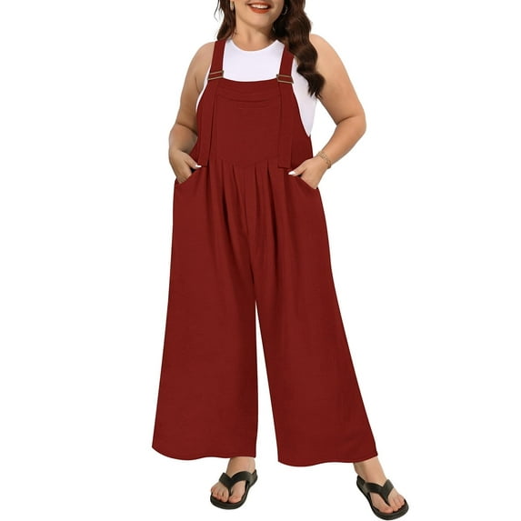 CASSIE LIZ Plus Size Jumpsuit Brick Red Adjustable Strap Womens Dressy Fall Casual Sleeveless Wide Leg Winter Knit Overalls Outfits Clothes with Pocket XL 14W 16W
