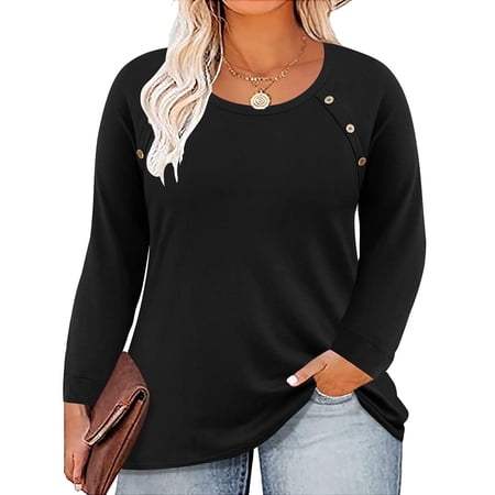 CASSIE LIZ Plus Size Sweatshirts 5X Long Sleeve Womens Tops Fall Crew Neck Basic Black Shirts Fashion Buttons Tee Loose Fit Tunics Winter Blouses Casual Pullovers 5XL 26W 28W