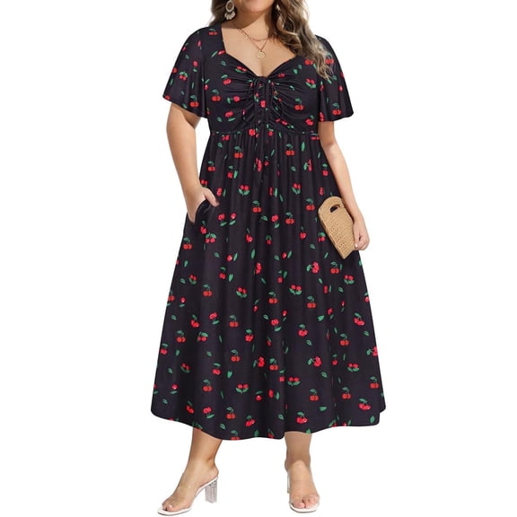 CASSIE LIZ Plus Size Womens Dresses Black Cherry Print Fall Dresses Fashion Midi Sundresses Short Sleeve Tie Sweetheart V Neck Dresses Loose Fit Summer Dress With Pocket XL 14W 16W