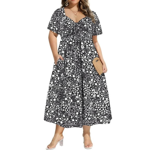 CASSIE LIZ Plus Size Womens Dresses Black White Floral Fall Dresses Fashion Midi Sundresses Short Sleeve Tie Sweetheart V Neck Dresses Loose Fit Summer Dress With Pocket XL 14W 16W