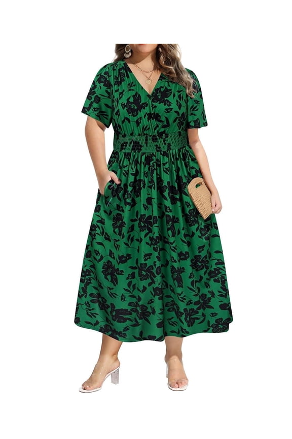 Plus Size Womens Dresses Green Black Floral Fall Dresses Fashion Midi Sundresses Short Sleeve V Neck Dresses Loose Fit Summer Dress With Pocket XL 14W 16W