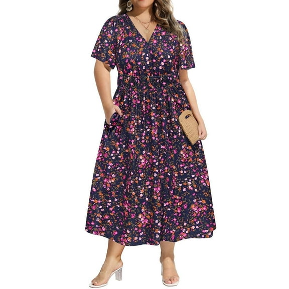 CASSIE LIZ Plus Size Womens Dresses Purple Floral Fall Dresses Fashion Midi Sundresses Short Sleeve V Neck Dresses Loose Fit Summer Dress With Pocket XL 14W 16W