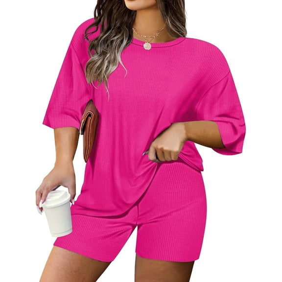 CASSIE LIZ Plus Size Outfits 2X Womens Pink 2 Piece Short Sets Oversized Tshirts Matching Biker Short Summer Clothing 2XL 18W 20W