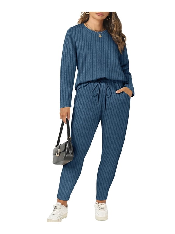 Plus Size 2 Piece Outfits for Women 3X Blue Pajamas Sets Fall Casual Lounge Long Sleeve Knit Winter Loose Fit Sweat Suits with Pocket 3XL 22W 24W