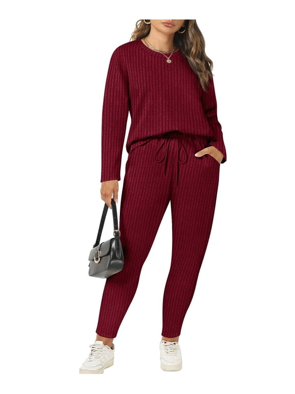 Plus Size 2 Piece Outfits for Women 3X Red Pajamas Sets Fall Casual Lounge Long Sleeve Knit Winter Loose Fit Sweat Suits with Pocket 3XL 22W 24W
