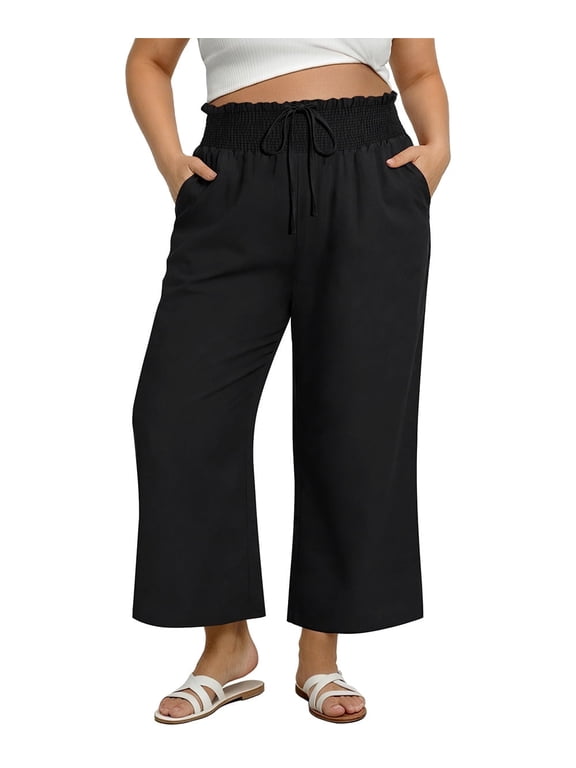 Plus Size Palazzo Pants 4X Black Wide Leg Pants Smocked High Waist Loose Casual Palazzo Trousers with Pockets Beach Vacation Daily Wear 4XL 24W 26W