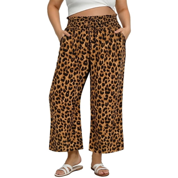 CASSIE LIZ Plus Size Pants 2X Fashion Leopard Print Wide Leg Pants Smocked High Waist Trousers with Drawstring and Pockets Casual Summer Beach Lounge Pants 2XL 18W 20W