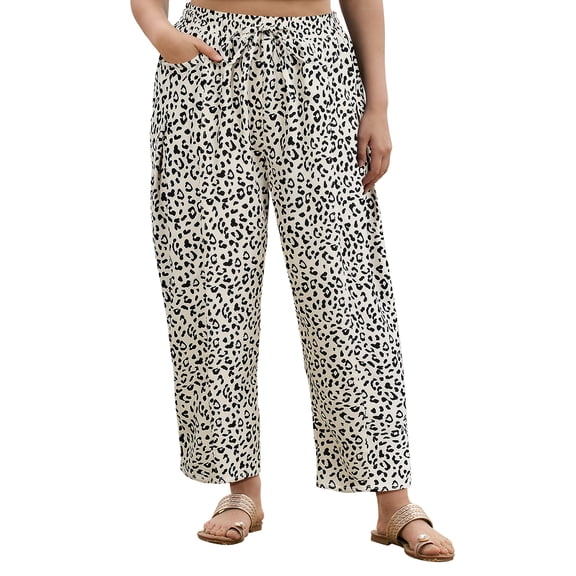 CASSIE LIZ Plus Size Pants 3X Leopard Dress Wide Leg Crop Pleated Lounge Elastic High Waist Pants with Pockets 3XL 22W 24W