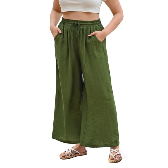 CASSIE LIZ Plus Size Pants 3X Summer Womens Wide Leg Green Palazzo Pants Lounge Ladies Casual Drawstring Fall Pants with Pocket 3XL 22W 24W