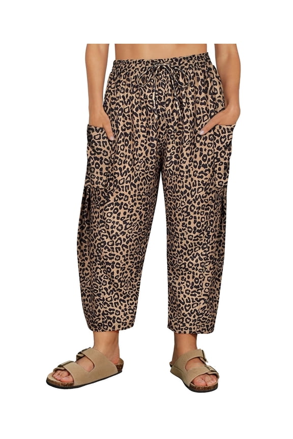 Plus Size Pants 3X Summer Womens Wide Leg Leopard Print Knit Palazzo Pants Lounge Ladies Casual Drawstring Harem Fall Pants with Pocket 3XL 22W 24W