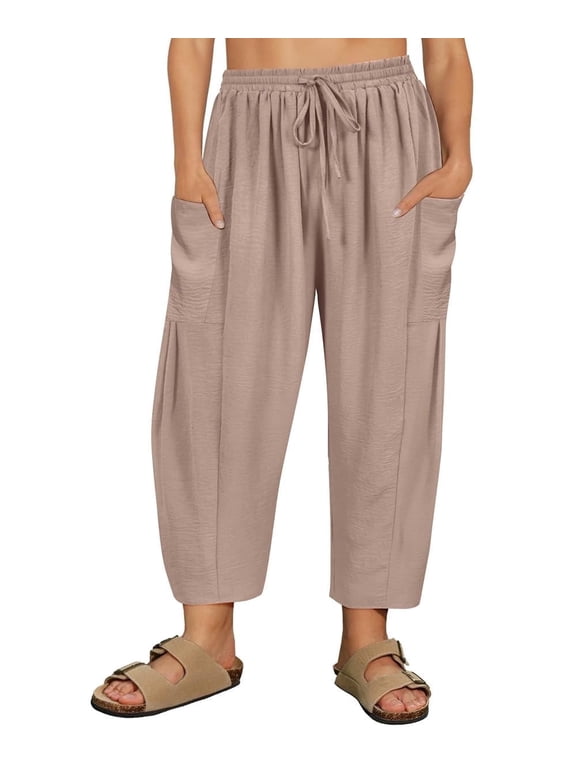 Plus Size Pants 3X Khaki Summer Womens Wide Leg Knit Palazzo Pants Lounge Ladies Casual Drawstring Harem Fall Pants with Pocket 3XL 22W 24W