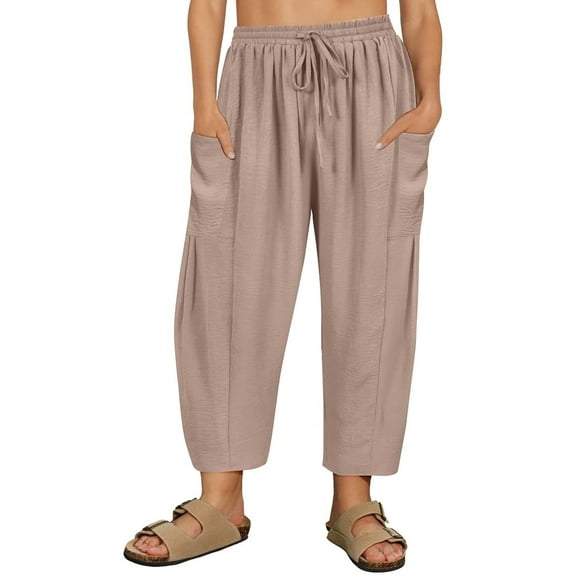 CASSIE LIZ Plus Size Pants 3X Khaki Summer Womens Wide Leg Knit Palazzo Pants Lounge Ladies Casual Drawstring Harem Fall Pants with Pocket 3XL 22W 24W