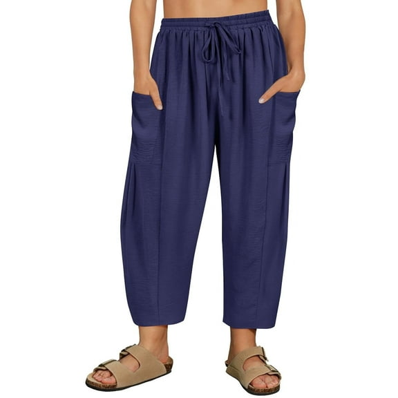 CASSIE LIZ Plus Size Pants 3X Blue Summer Womens Wide Leg Knit Palazzo Pants Lounge Ladies Casual Drawstring Harem Fall Pants with Pocket 3XL 22W 24W