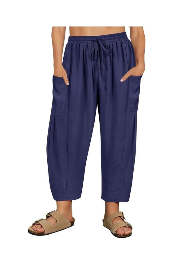 Plus Size Pants 3X Blue Summer Womens Wide Leg Knit Palazzo Pants Lounge Ladies Casual Drawstring Harem Fall Pants with Pocket 3XL 22W 24W