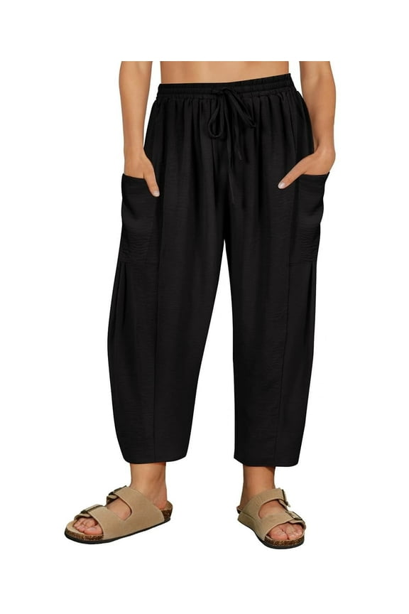 Plus Size Pants Summer Womens Wide Leg Knit Palazzo Pants Lounge Ladies Casual Drawstring Harem Fall Solid Pants with Pocket (XL-5XL)