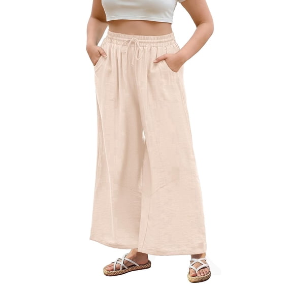 CASSIE LIZ Plus Size Pants for Women 5X Summer Wide Leg Beige Palazzo Pants Lounge Ladies Casual Drawstring Fall Pants with Pocket 5XL 26W 28W