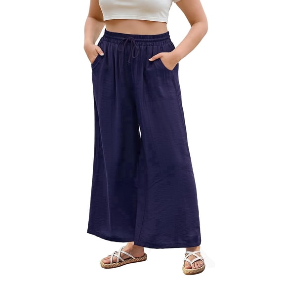 CASSIE LIZ Plus Size Pants for Women 5X Summer Wide Leg Blue Palazzo Pants Lounge Ladies Casual Drawstring Fall Pants with Pocket 5XL 26W 28W