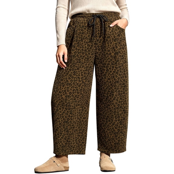 CASSIE LIZ Plus Size Pants for Women Casual Wide Leg Leopard Print Corduroy Trousers with Pockets Drawstring Straight Leg Lounge Pants XL-5XL