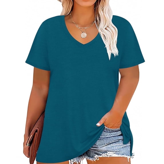 CASSIE LIZ Plus Size Shirts 5X Summer V Neck Womens Tops Teal Blue Fashion Short Sleeve Tee Loose Fit Tunics Spring Blouses Casual Slit Hem Pullovers 5XL 26W 28W