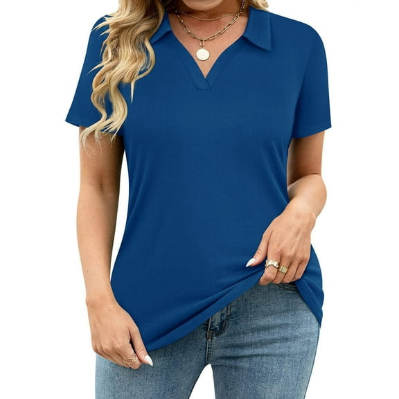 CASSIE LIZ Plus Size Polo Shirts Womens Summer Blue Shirts V Neck Ladies Shirts with Collar Fashion Business Short Sleeve Collared Shirts Casual Loose Fit Spring Tops XL 14W 16W
