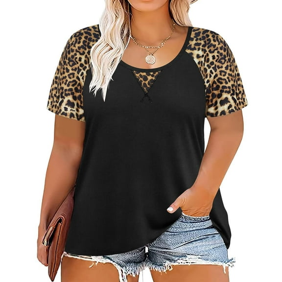 CASSIE LIZ Plus Size Tops 3X Summer Crew Neck Womens Shirts Black Leopard Fashion Short Sleeve Tee Loose Fit Cheetah Raglan Tunics Spring Blouses Casual Pullovers 3XL 22W 24W