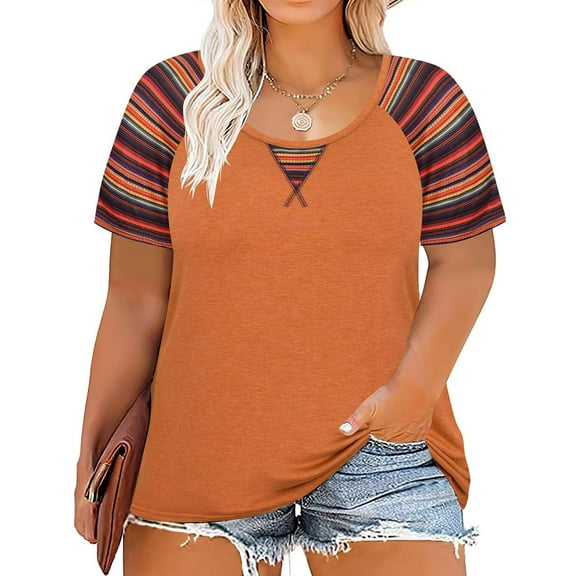 CASSIE LIZ Plus Size Tops 3X Summer Crew Neck Womens Shirts Orange Fashion Short Sleeve Tee Loose Fit Colorful Striped Raglan Tunics Spring Blouses Casual Pullovers 3XL 22W 24W
