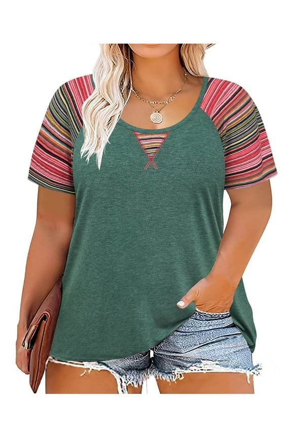 Plus Size Tops 3X Summer Crew Neck Womens Shirts Green Fashion Short Sleeve Tee Loose Fit Colorful Striped Raglan Tunics Spring Blouses Casual Pullovers 3XL 22W 24W