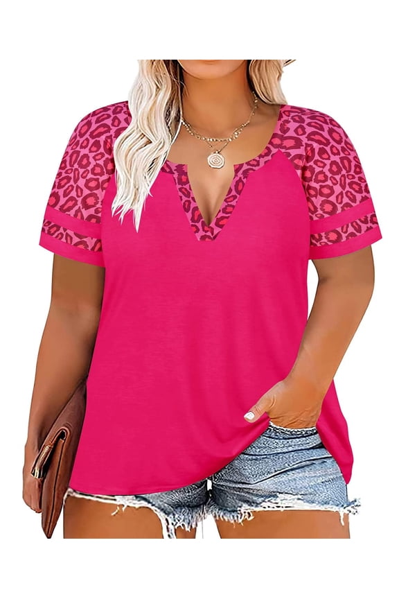 Plus Size Tops 3X Summer V Neck Womens Shirts Hot Pink Leopard Fashion Short Sleeve Tee Loose Fit Cheetah Raglan Tunics Spring Blouses Casual Pullovers 3XL 22W 24W