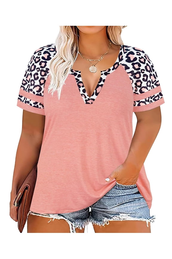 Plus Size Tops 3X Summer V Neck Womens Shirts Pink Leopard Fashion Short Sleeve Tee Loose Fit Cheetah Raglan Tunics Spring Blouses Casual Pullovers 3XL 22W 24W