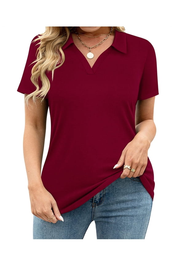 Plus Size Shirts 3X Womens Summer Wine Red Polo Shirts V Neck Ladies Shirts with Collar Fashion Business Short Sleeve Collared Shirts Casual Loose Fit Spring Tops 3XL 22W 24W