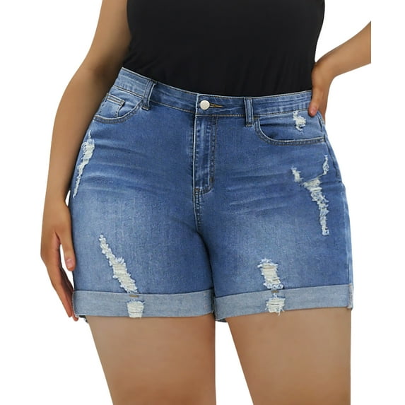 CASSIE LIZ Plus Size Short Jeans For Women 5X Destructed Roll Cuff Shorts Jeans Light Blue Elastic Waist Pocket Pants Casual Summer Shorts Pants 5XL 28W