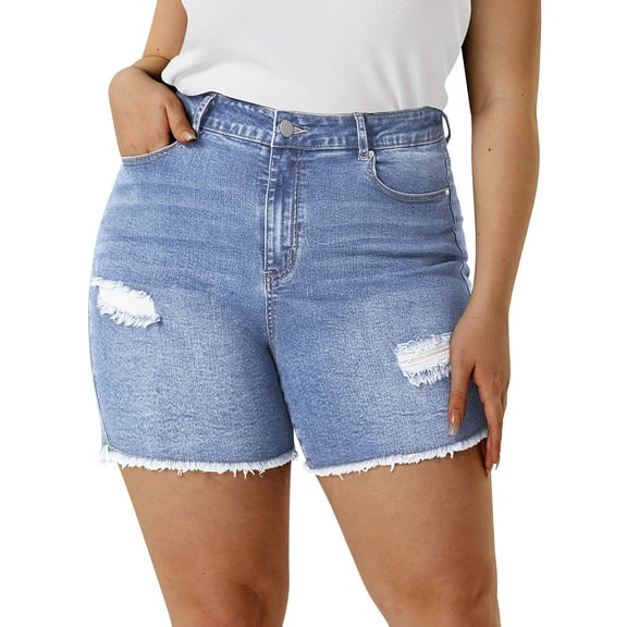 CASSIE LIZ Plus Size Short Jeans For Women 5X High Rise Destructed Shortie Shorts Jeans Light Blue Elastic Waist Frayed Hem Pocket Pants Casual Summer Washed Ripped Shorts Pants 5XL 28W