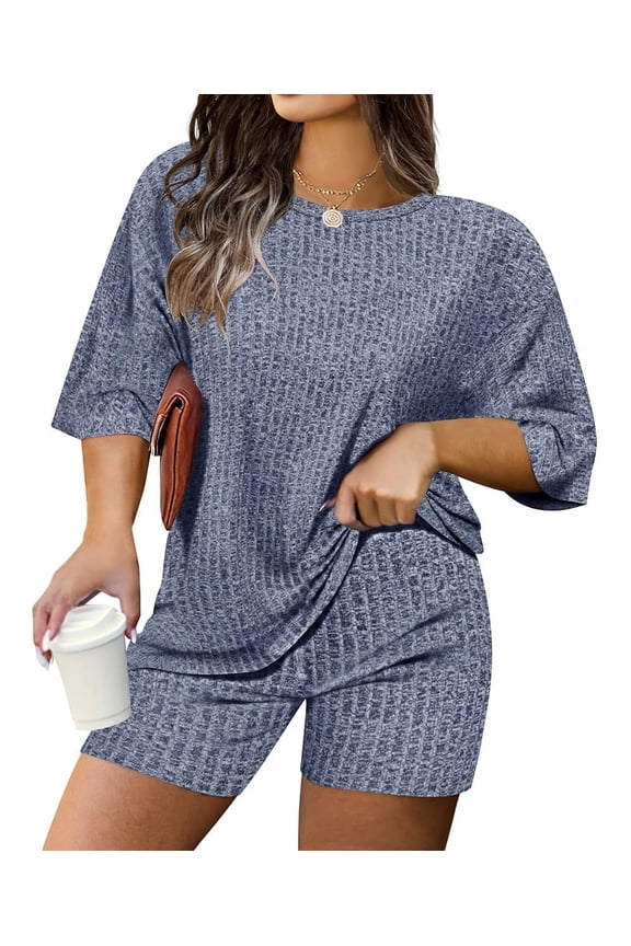 Plus Size Short Sets 4X Womens Blue 2 Piece Outfits Oversized Tshirts Matching Biker Short Summer Clothing 4XL 24W 26W