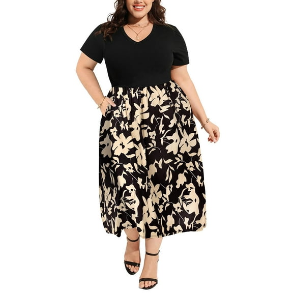 CASSIE LIZ Plus Size Short Sleeve Dress for Women 3X V Neck Long Patchwork Dress Casual Black Khaki Floral Sundress Loose Fit Spring Summer Dress with Pocket 3XL 22W 24W