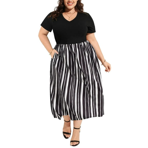 CASSIE LIZ Plus Size Short Sleeve Dress for Women 3X V Neck Long Patchwork Dress Casual Black White Striped Sundress Loose Fit Spring Summer Dress with Pocket 3XL 22W 24W