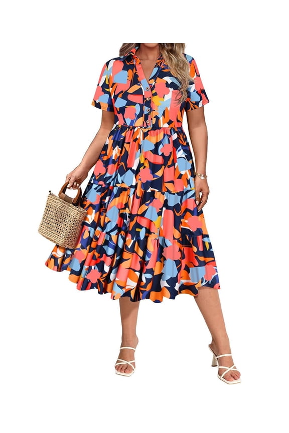 Plus Size Dresses 3X Summer Midi Womens Boho Shirt Dresses Floral Blue Purple Short Sleeve Collared V Neck Loose Fit Sun Dresses with Pocket 3XL 22W 24W